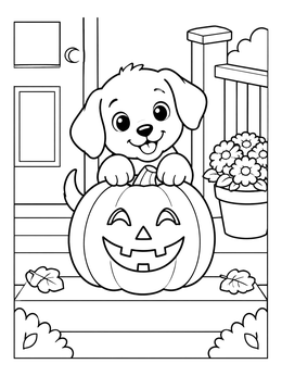 Free printable Playful Puppy With Jack O' Lantern On Porch coloring page