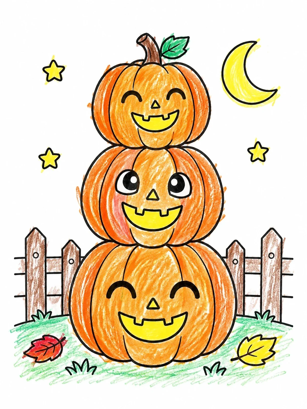 Colored example of the Stacked Jack O' Lanterns Under The Moon coloring page