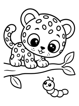 A cute jaguar coloring page with a spotted cub watching a smiling caterpillar.