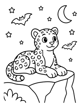 A sweet jaguar coloring page featuring a cub resting on a cliff under a starry night sky.