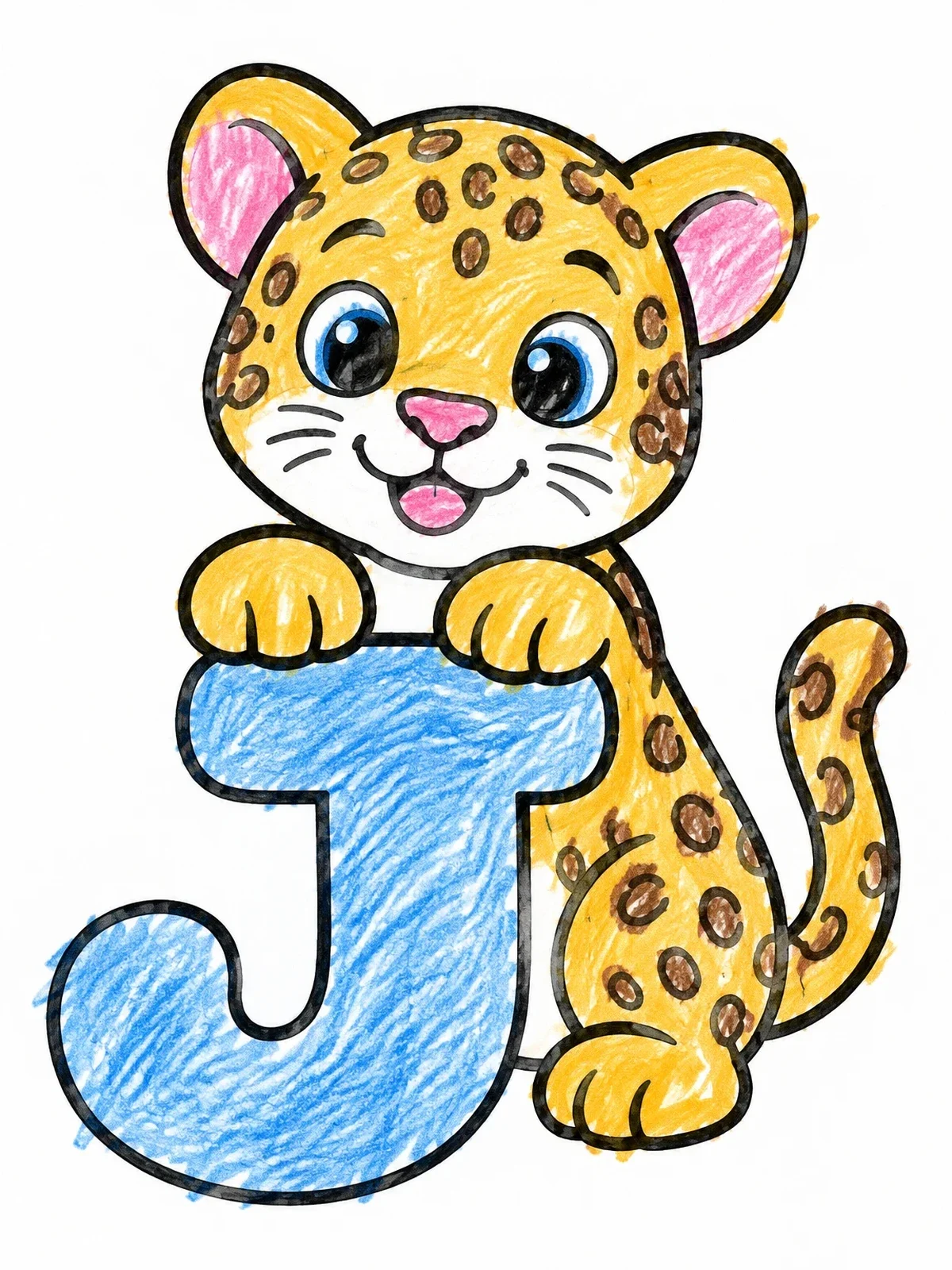 Colored example of the Cute Jaguar Cub With Letter J coloring page