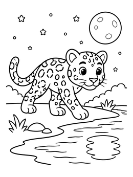 A cute cartoon cub on this jaguar coloring page walks along a riverbank under a starry moonlit sky.