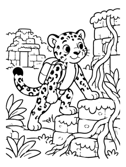 A cute cartoon cub climbs stone steps in this playful jaguar coloring page.