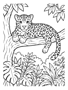 A spotted jaguar rests on a branch in this rainforest coloring page.