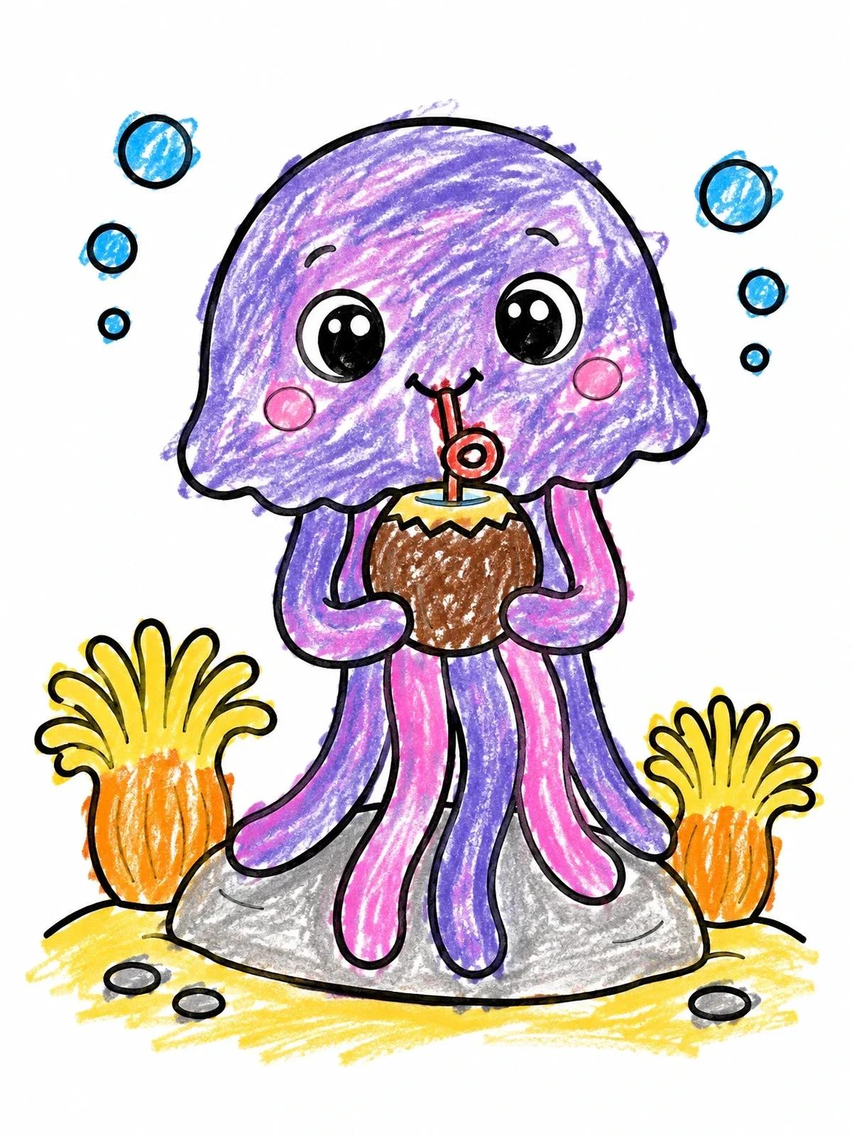 Colored example of the Cute Jellyfish Drinking Coconut Water coloring page