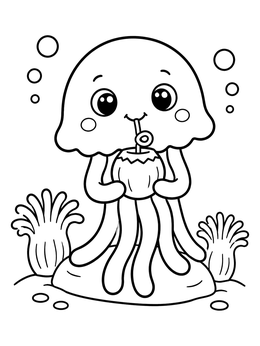 A cute jellyfish coloring page features the creature drinking from a coconut near anemones.