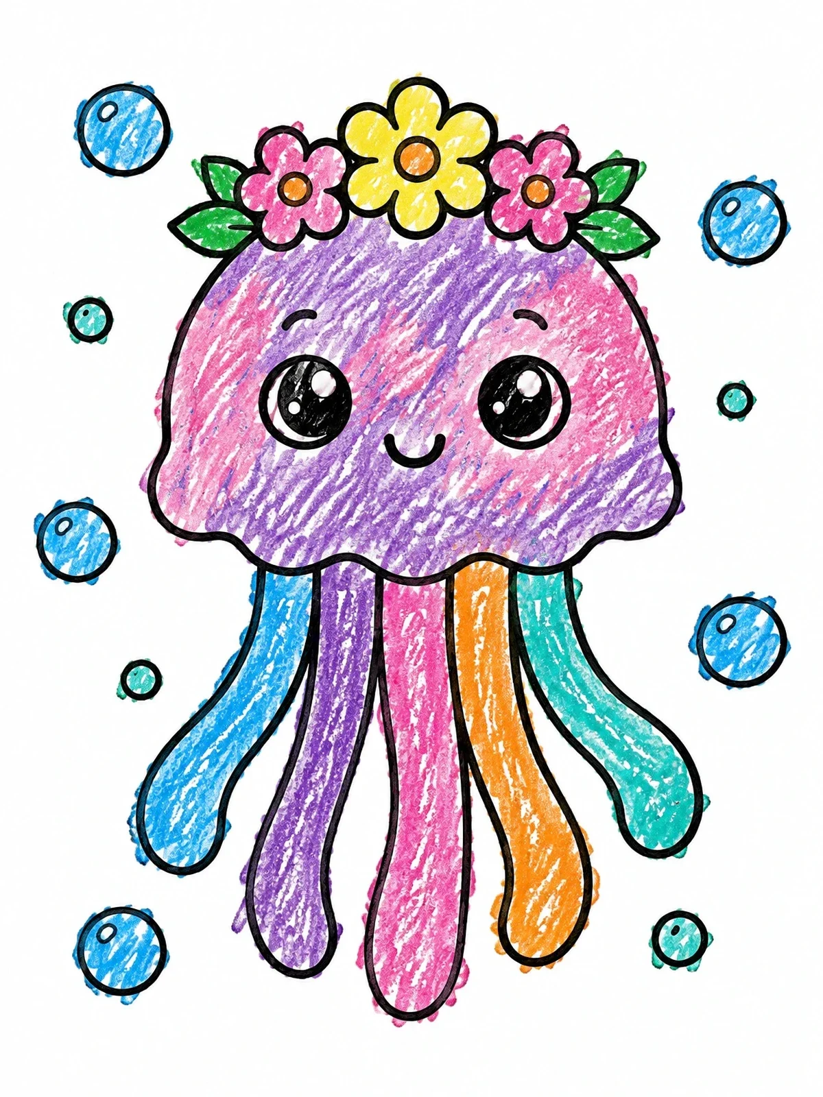 Colored example of the Cute Jellyfish With Flower Crown coloring page
