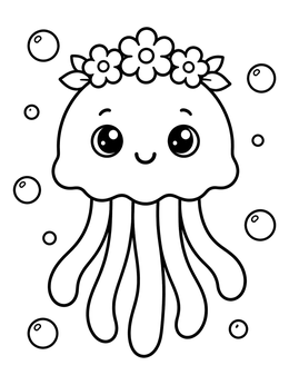 A cute jellyfish coloring page featuring a smiling sea creature wearing a flower crown surrounded by bubbles.