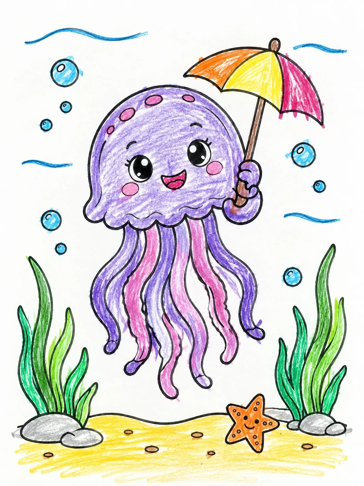 Colored example of the Cute Jellyfish With Small Umbrella coloring page