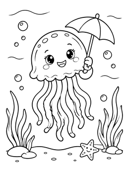 A cheerful jellyfish holding an umbrella on this cute jellyfish coloring page.