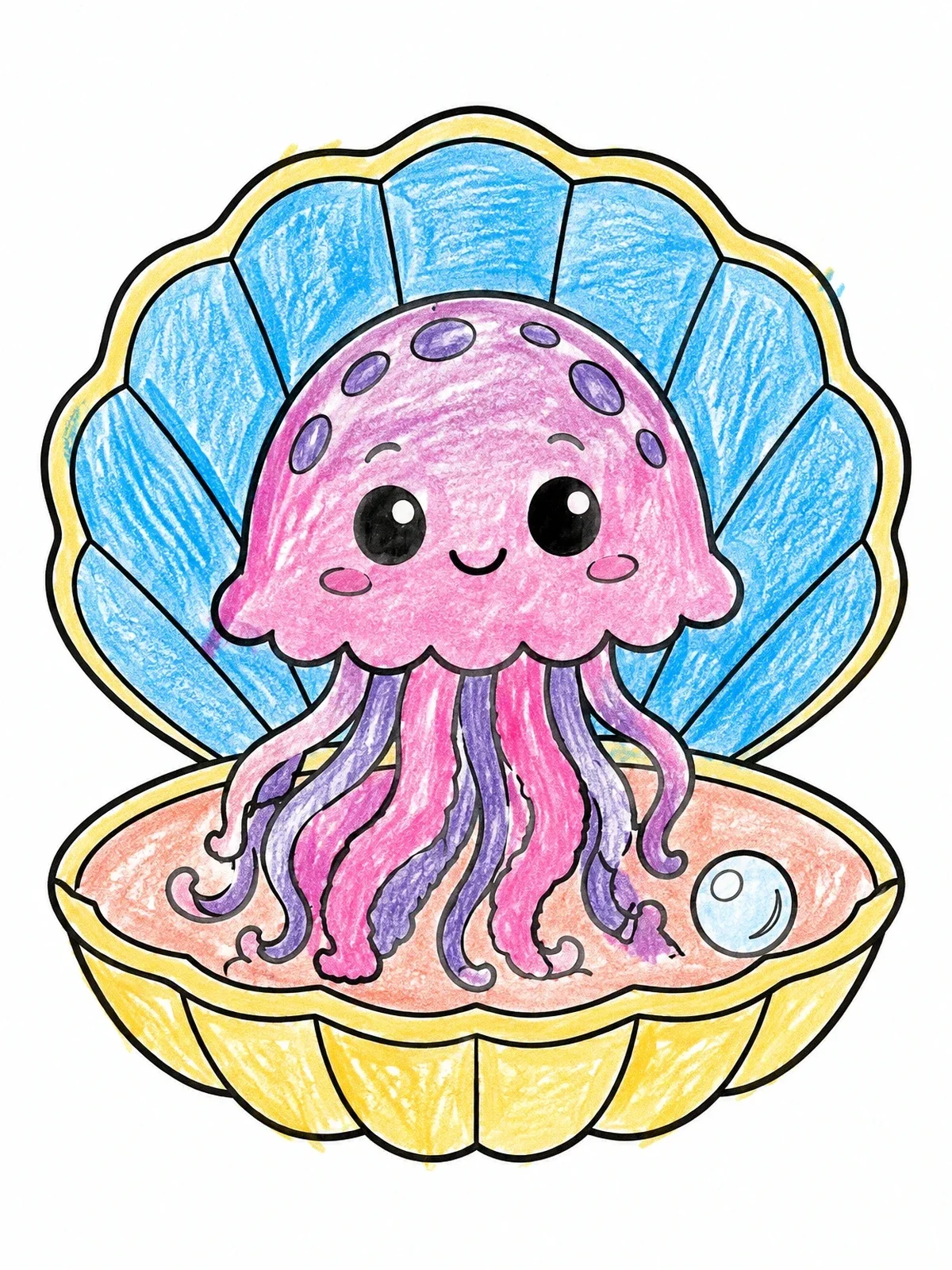 Colored example of the Cute Jellyfish In Open Clam Shell coloring page