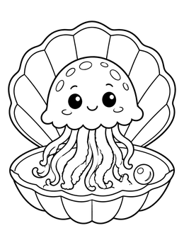 A cute jellyfish coloring page sitting inside an open clam shell with a pearl.