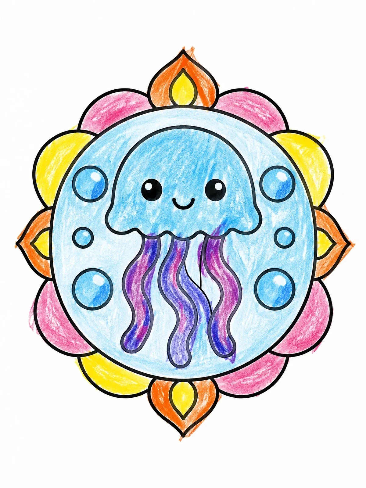 Colored example of the Cute Jellyfish In Floral Frame coloring page