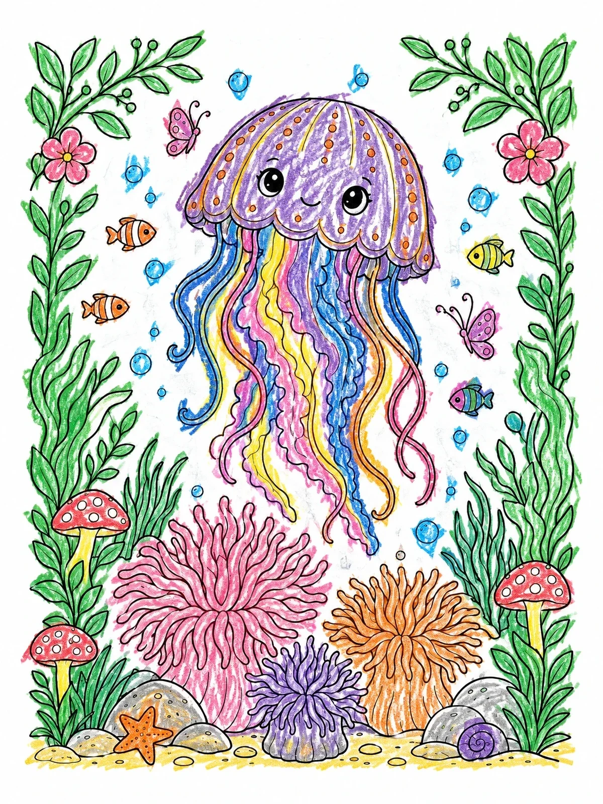 Colored example of the Cute Jellyfish Over Coral Reef coloring page