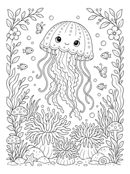 Free printable Cute Jellyfish Over Coral Reef coloring page