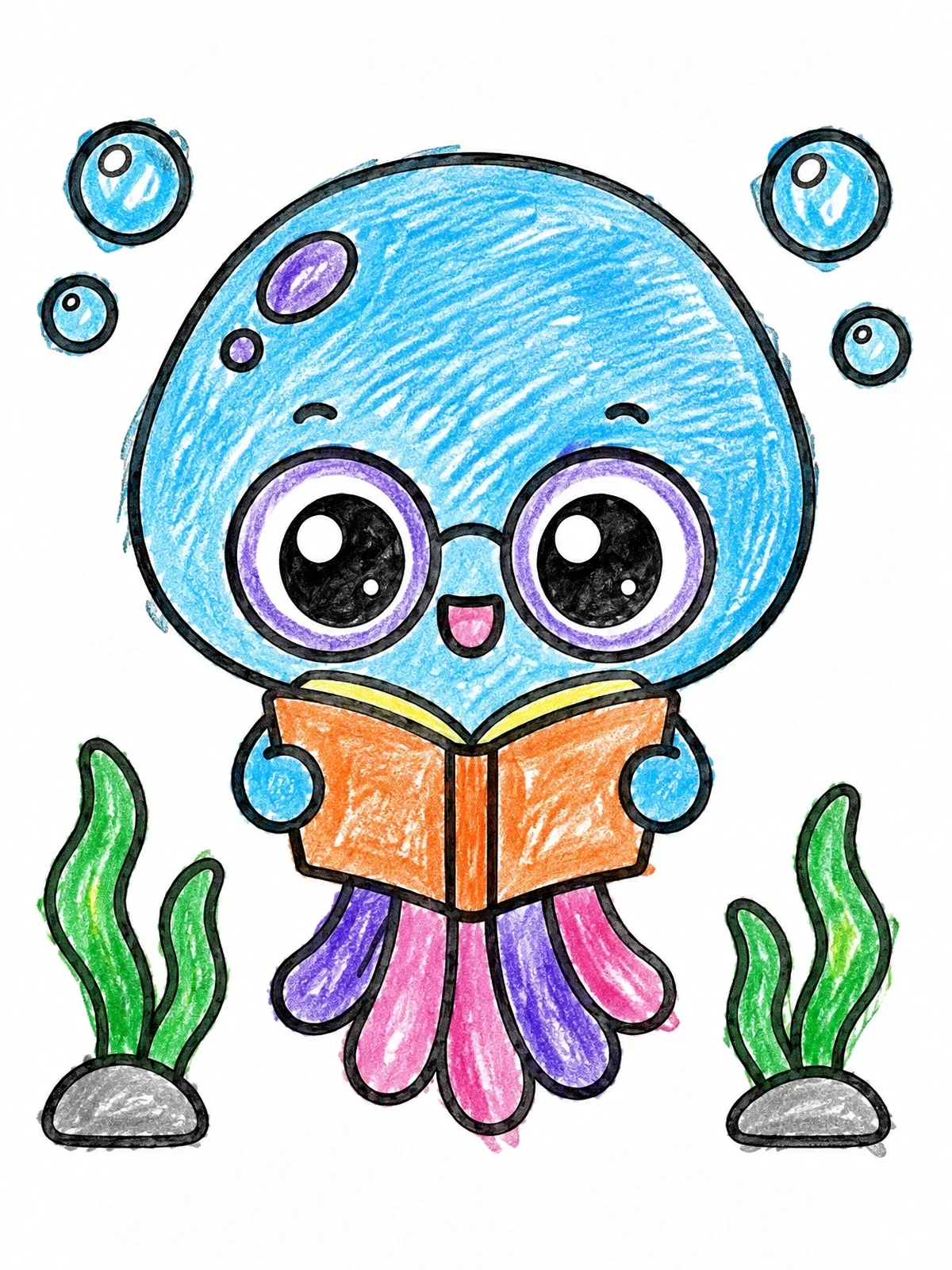 Colored example of the Cute Jellyfish Reading A Book coloring page