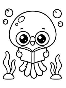 A cute jellyfish coloring page featuring an underwater creature with glasses reading a book.