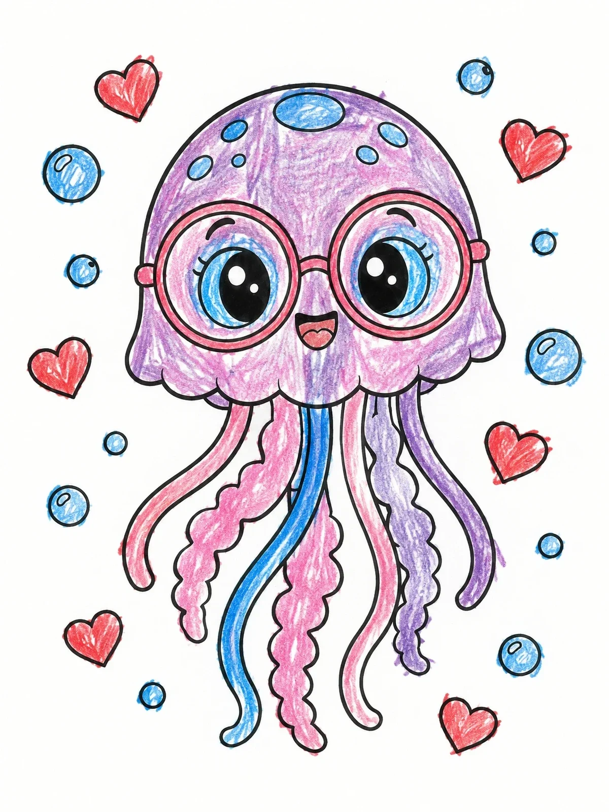 Colored example of the Cute Jellyfish Wearing Round Glasses coloring page