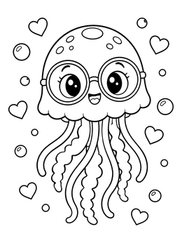 A smiling jellyfish coloring page surrounded by floating bubbles and hearts.