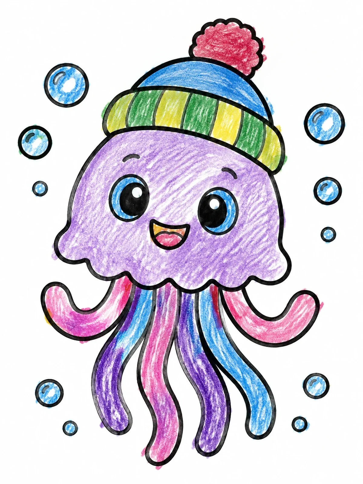 Colored example of the Cute Jellyfish Wearing Winter Beanie coloring page
