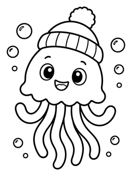 A smiling jellyfish wearing a warm knit beanie on this cute jellyfish coloring page.