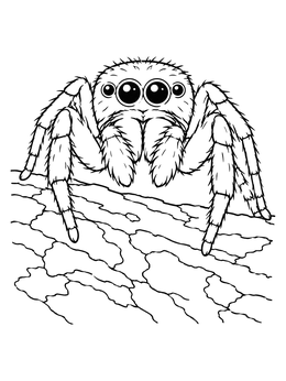 A cute jumping spider coloring page resting alertly on a textured tree branch.