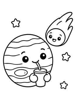 Free printable Cute Jupiter Drinking Next To A Comet coloring page