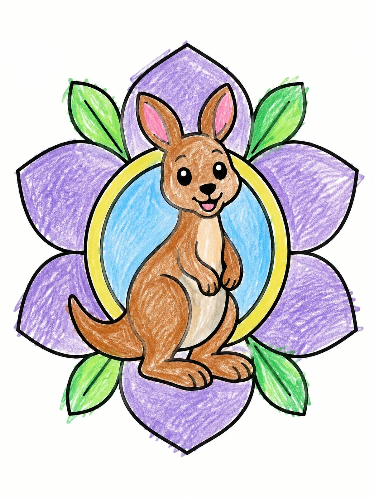 Colored example of the Cute Kangaroo In Floral Frame coloring page