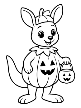 A kangaroo coloring page showing a friendly joey in a Halloween pumpkin costume holding a treat bucket.