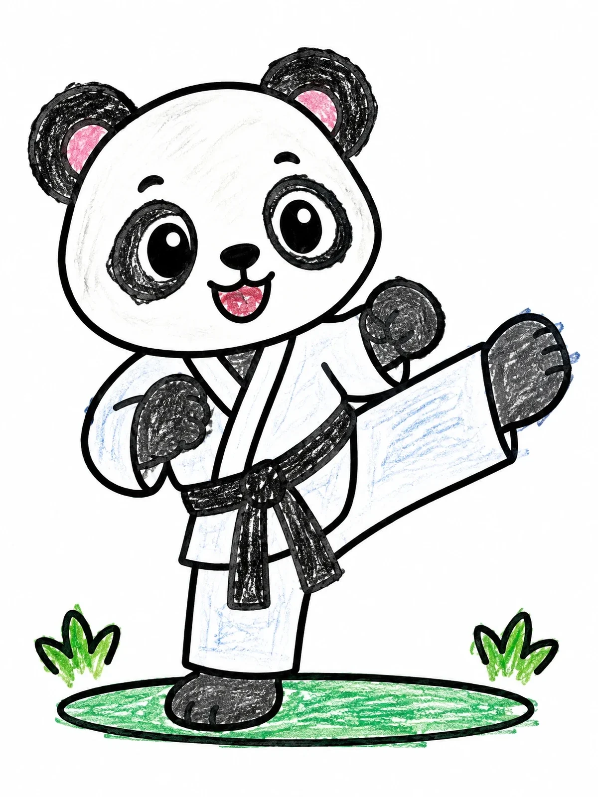 Colored example of the Cute Karate Panda Kicking coloring page