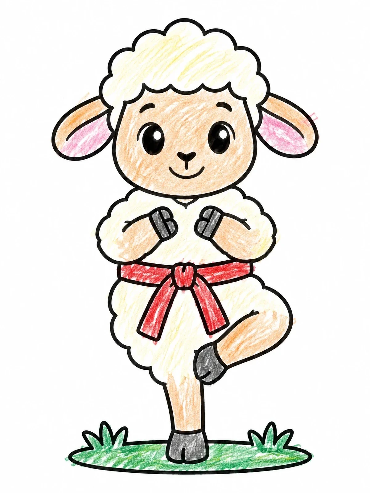 Colored example of the Cute Karate Sheep Balancing coloring page