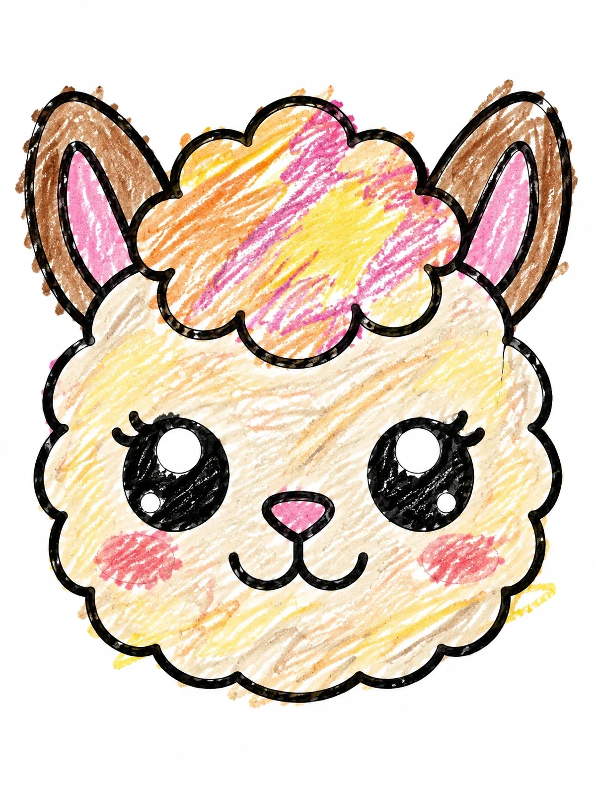 Colored example of the Cute Kawaii Alpaca Face coloring page