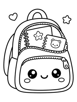 A kawaii coloring page showing an open smiling backpack with cute notebooks inside.