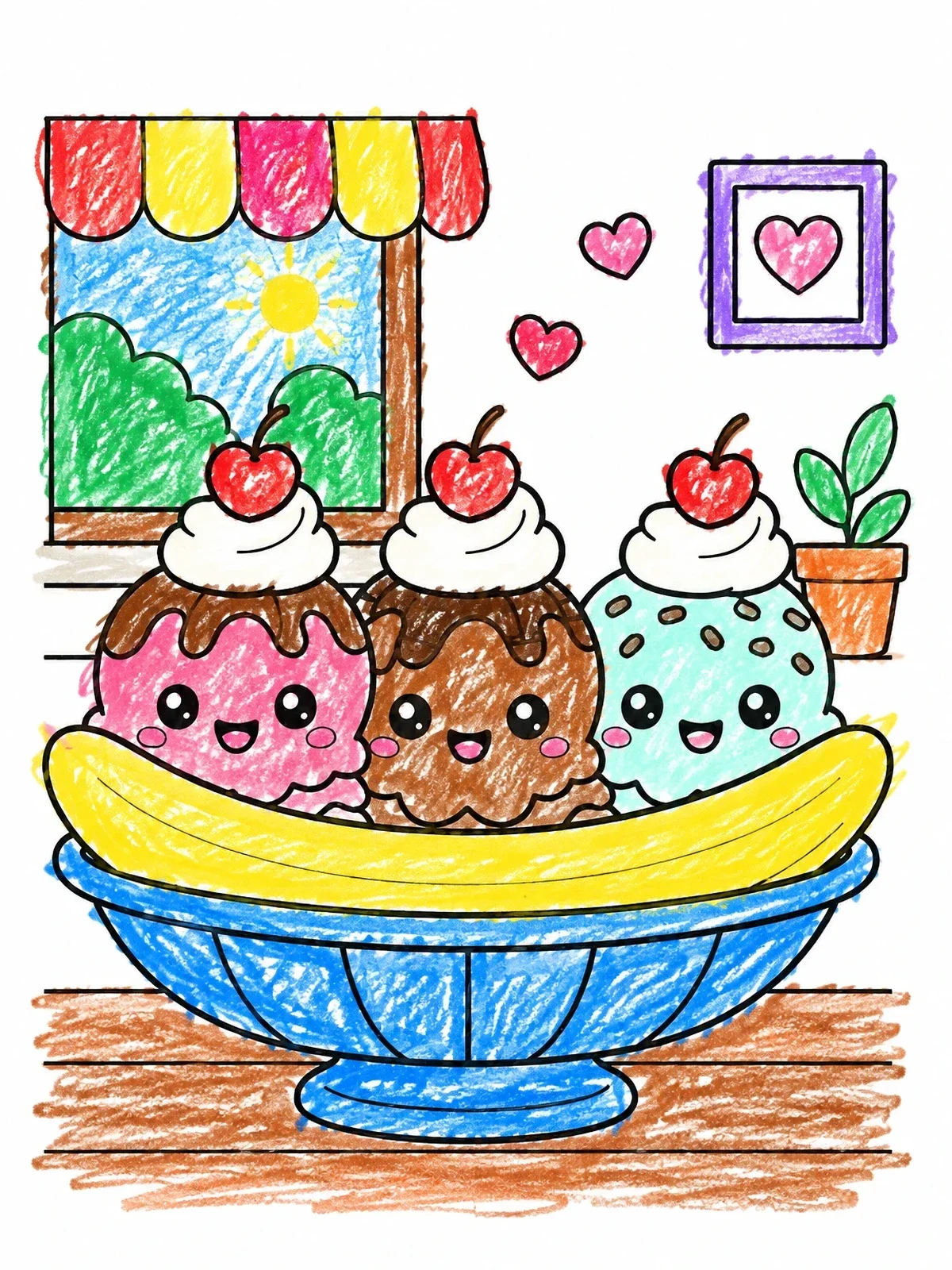 Colored example of the Cute Kawaii Banana Split Boat coloring page