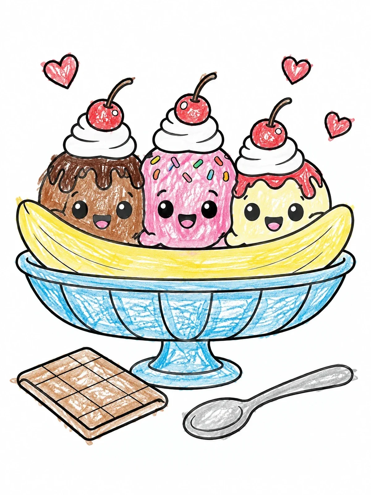 Colored example of the Cute Kawaii Banana Split Sundae coloring page