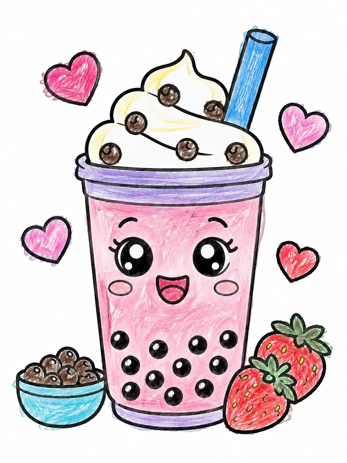 Colored example of the Cute Kawaii Boba Milkshake coloring page