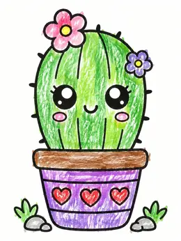 Cute Kawaii Cactus In Pot Coloring Page
