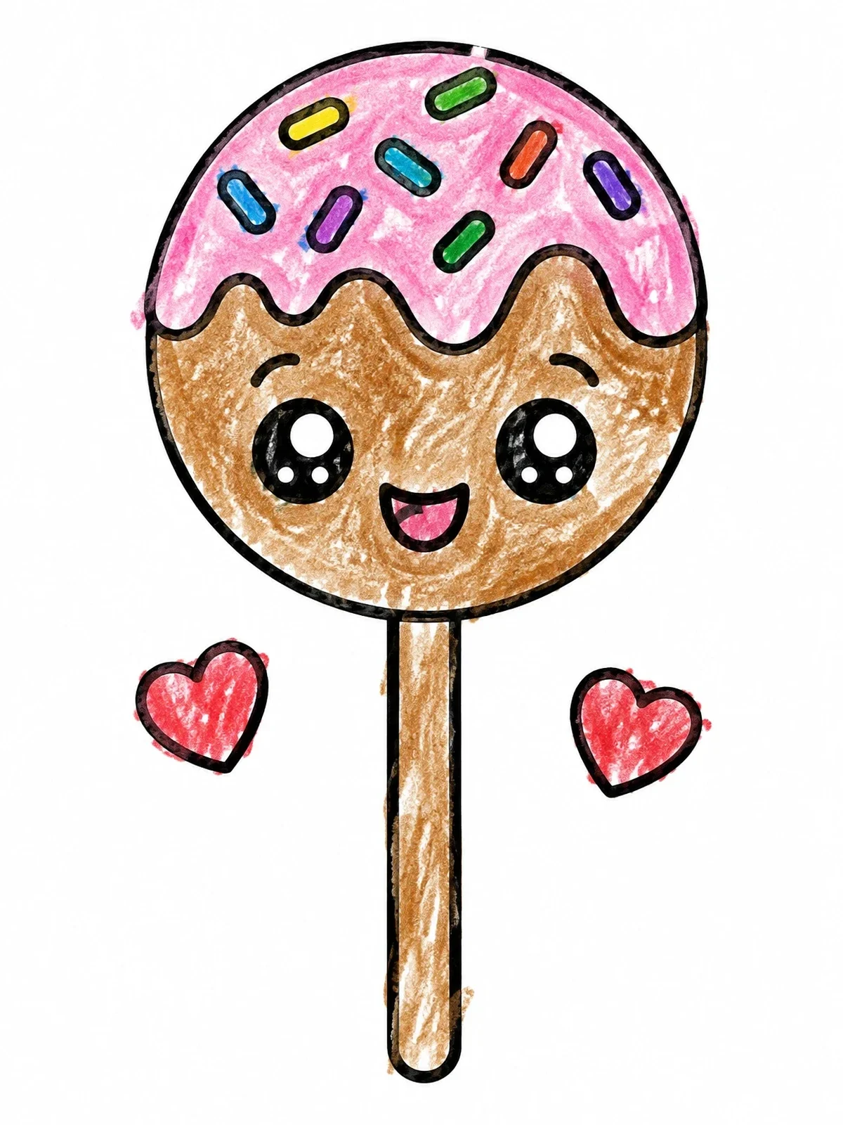 Colored example of the Cute Kawaii Cake Pop With Hearts coloring page