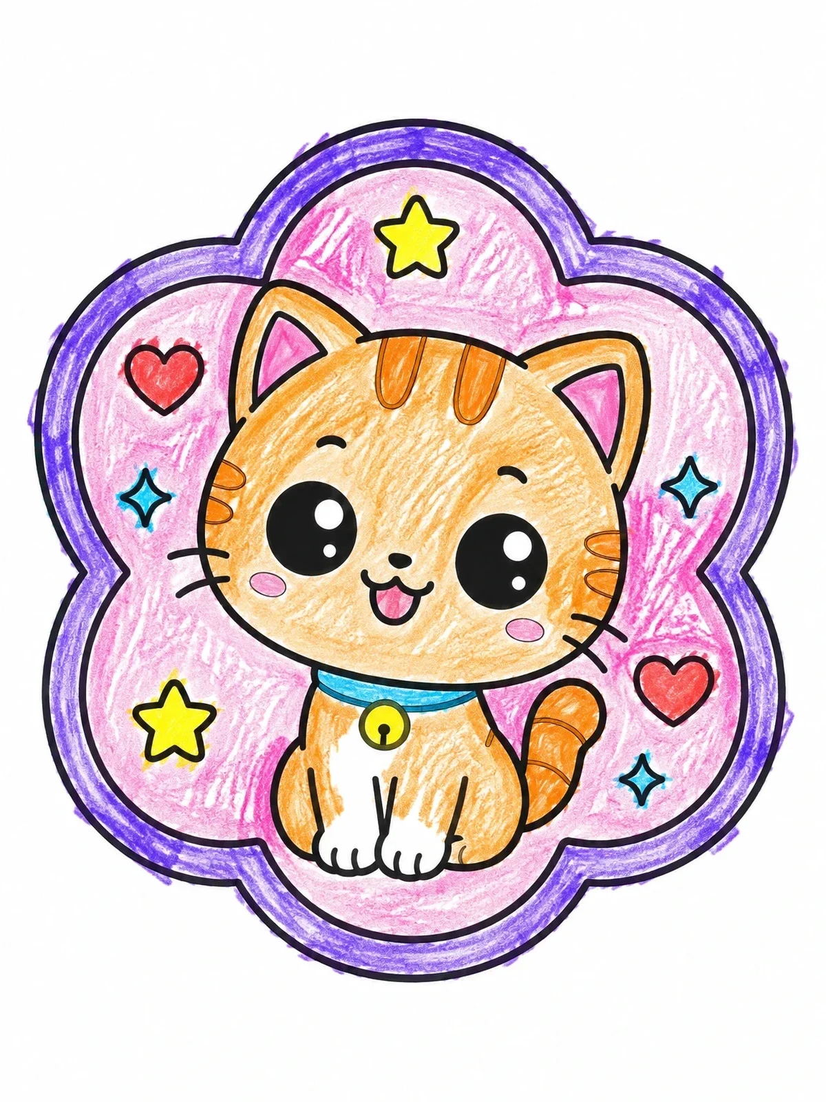 Colored example of the Cute Kawaii Cat In Flower Frame coloring page