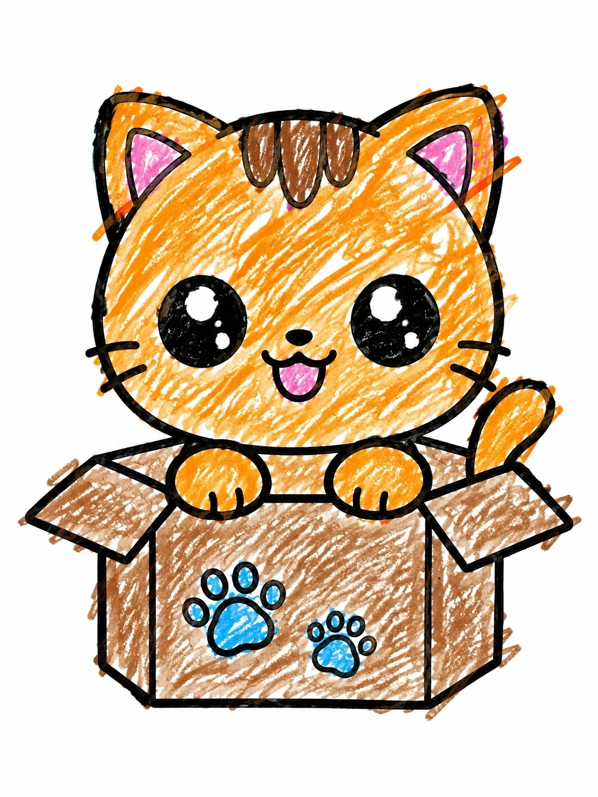 Colored example of the Cute Kawaii Cat In A Box coloring page