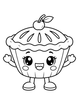 A cheerful cartoon character in this pie coloring page with big eyes, arms, and a cherry on top.