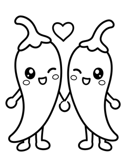 Two smiling kawaii friends feature in this chili peppers coloring page.