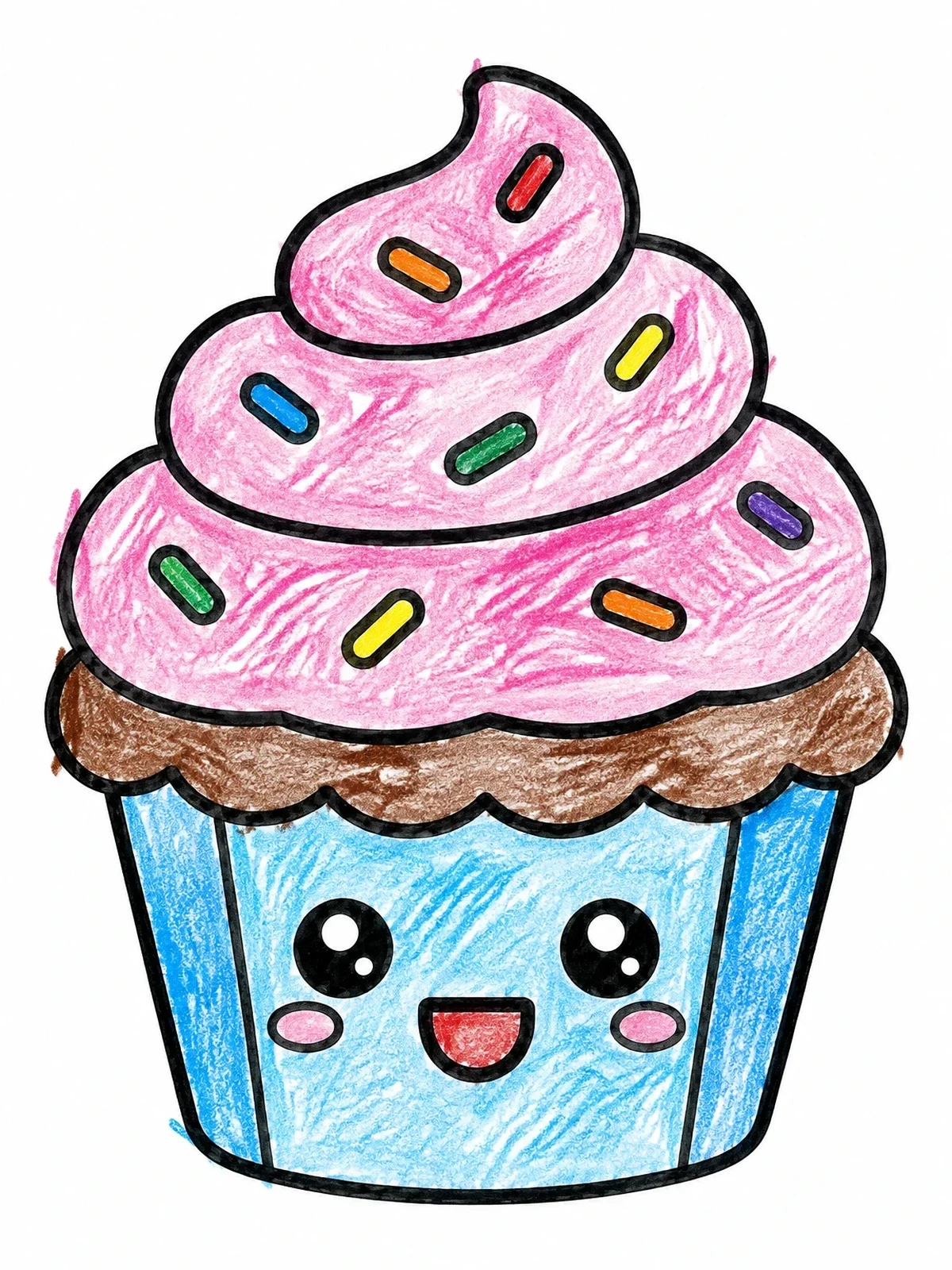 Colored example of the Cute Kawaii Frosted Muffin coloring page