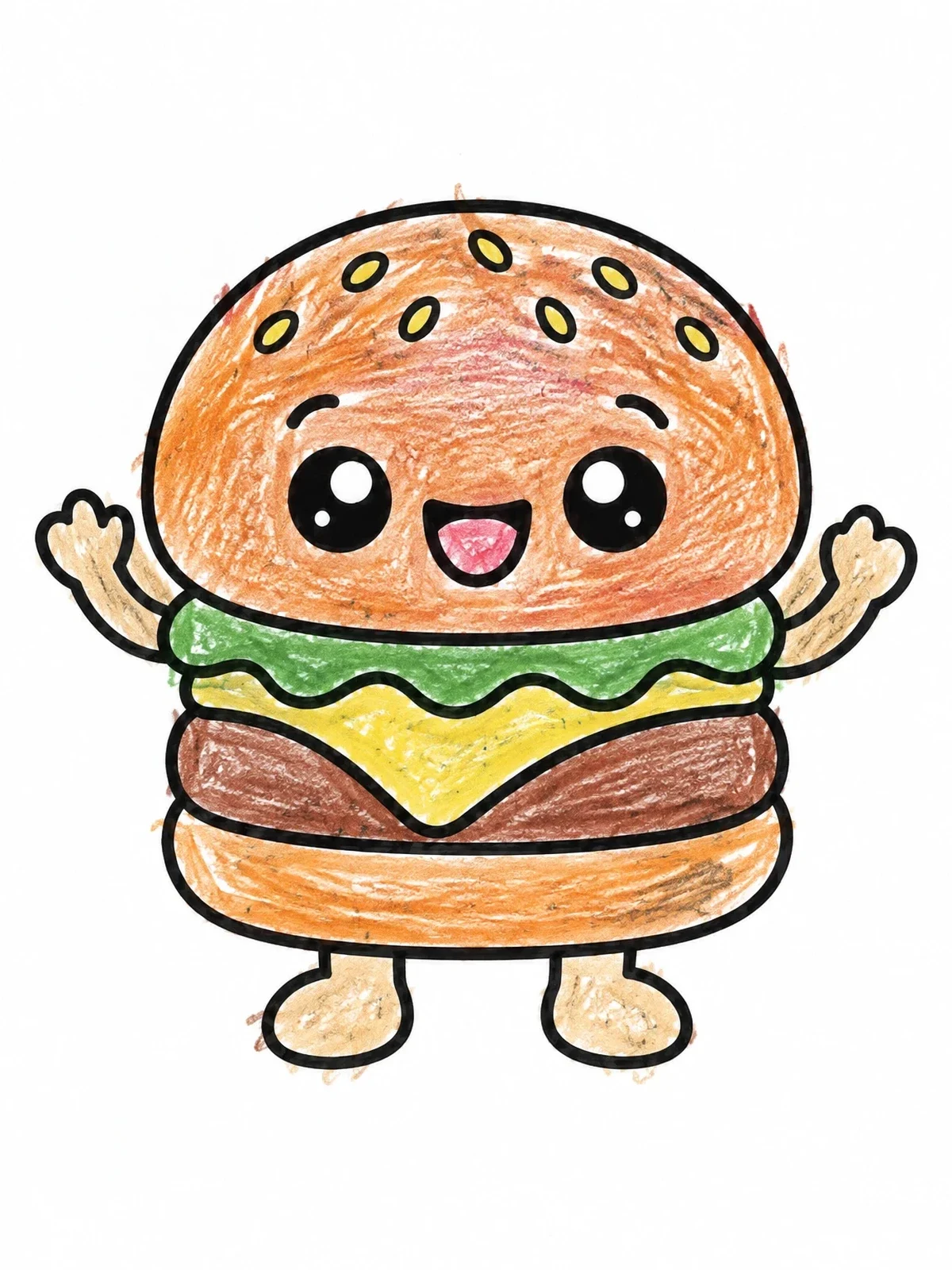 Colored example of the Cute Kawaii Hamburger Character coloring page