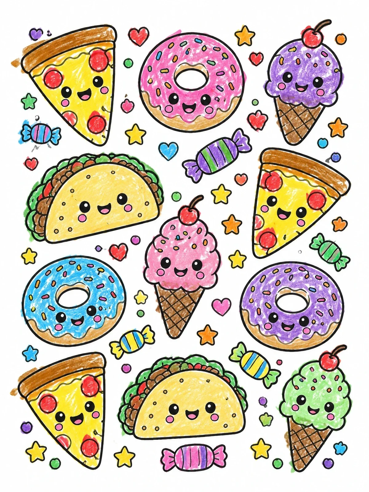 Colored example of the Cute Kawaii Fast Food Pattern coloring page