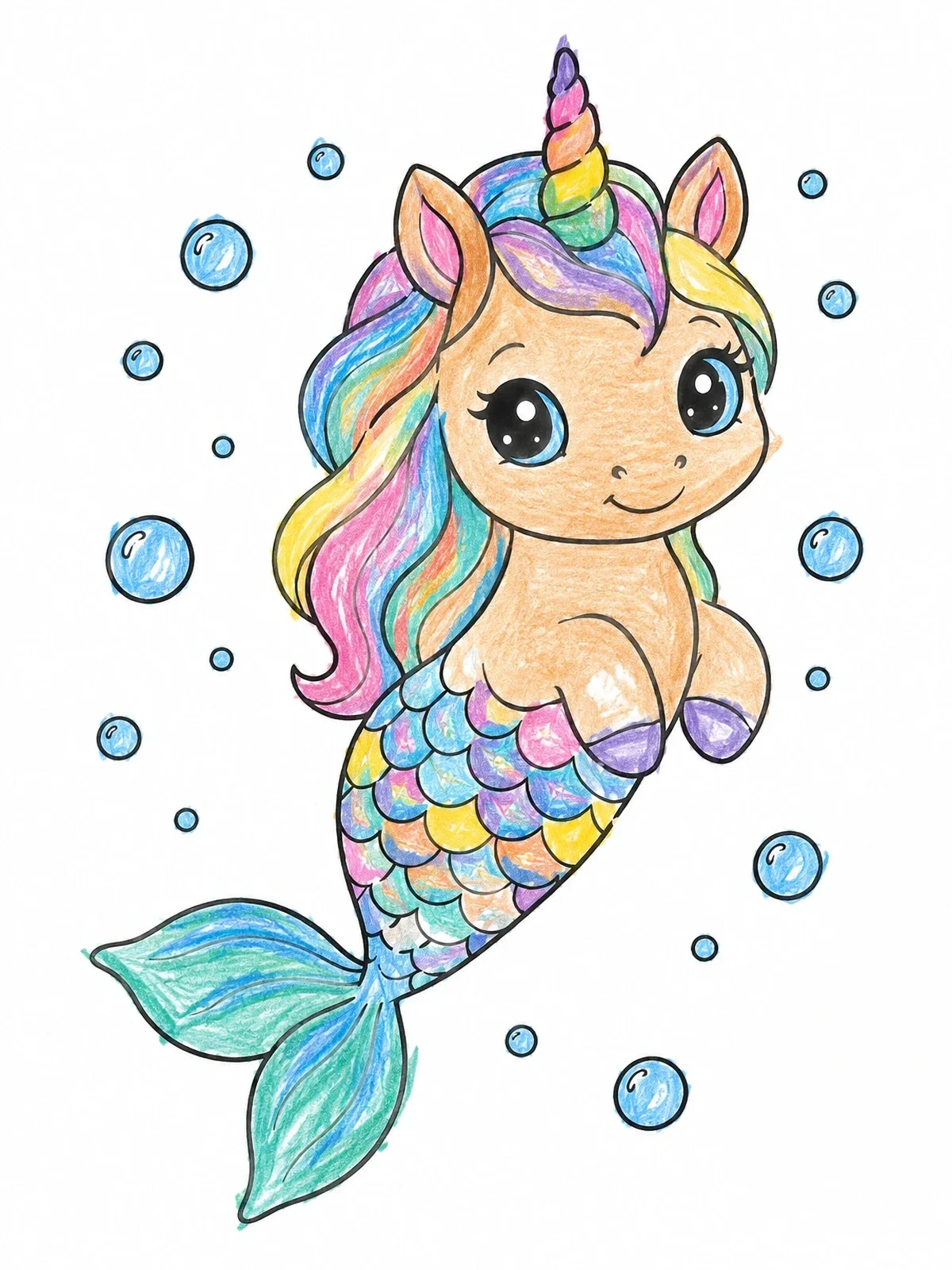Colored example of the Cute Kawaii Mermicorn Floating Underwater coloring page