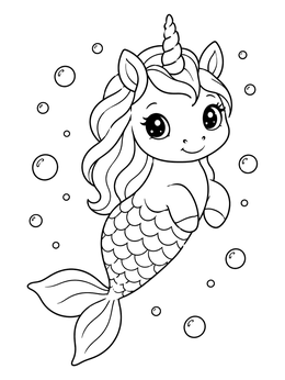 A cute mermicorn coloring page featuring a chubby unicorn mermaid floating with bubbles.