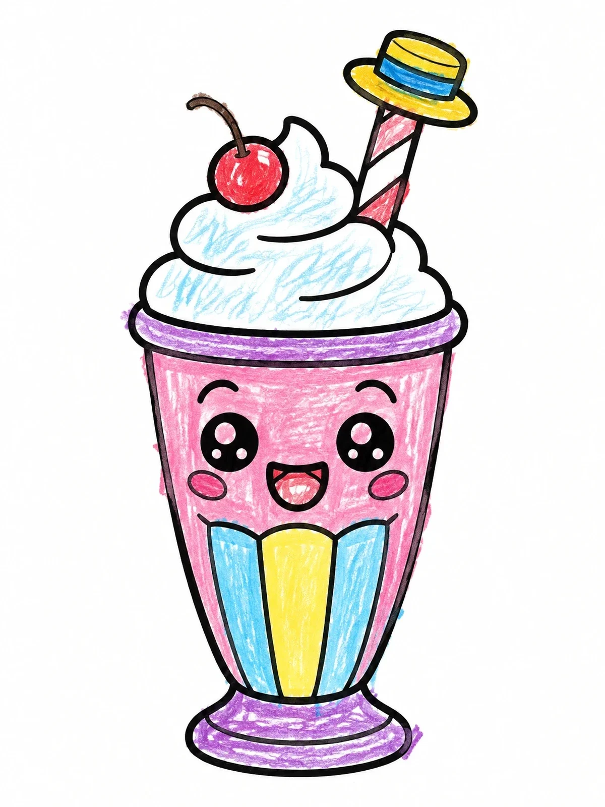 Colored example of the Cute Kawaii Milkshake With Hat coloring page