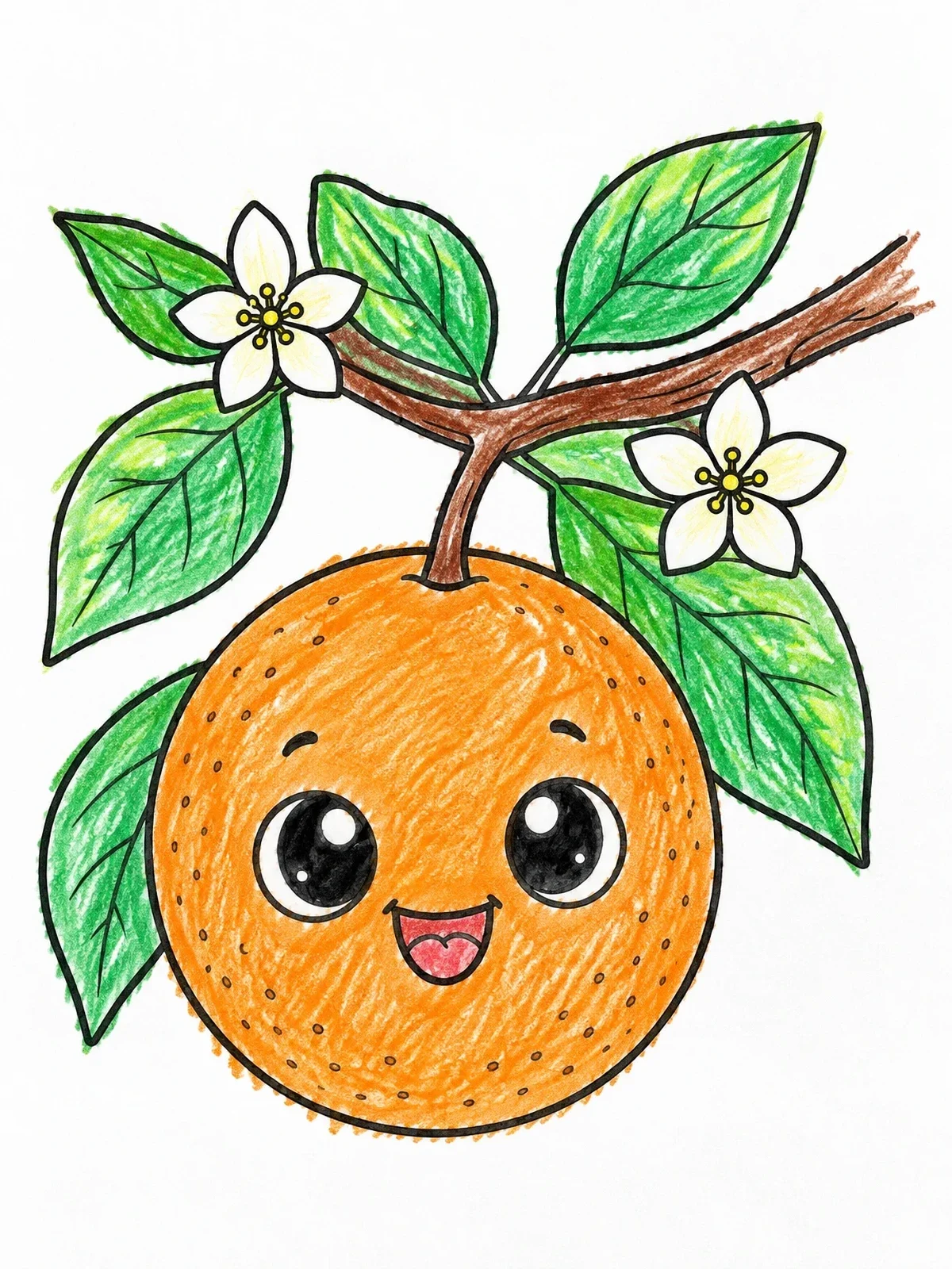 Colored example of the Cute Kawaii Orange On Branch coloring page