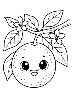 A cheerful cartoon orange coloring page with big sparkling eyes on a leafy branch.